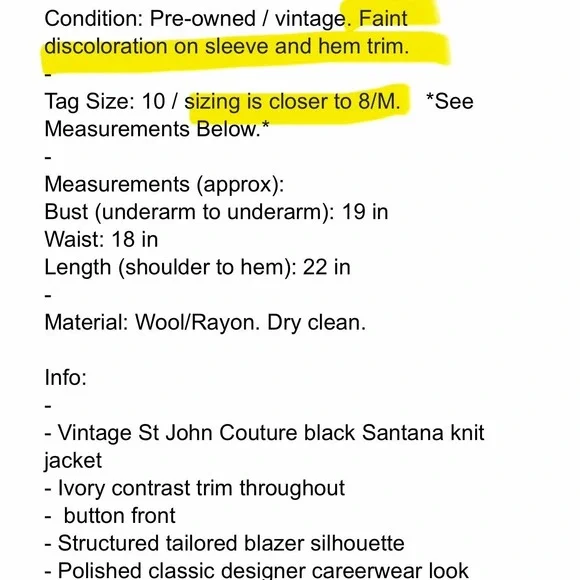 Vintage St John Couture Santana Knit Jacket M Black Ivory Trim Button Blazer - Picture 12 of 12